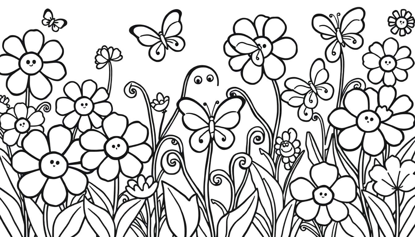 Placa de color de un jardín con flores sonrientes y mariposas.