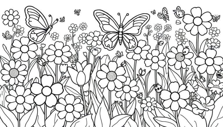 Placa de color de un jardín lleno de flores felices y mariposas amigables, para colorear.
