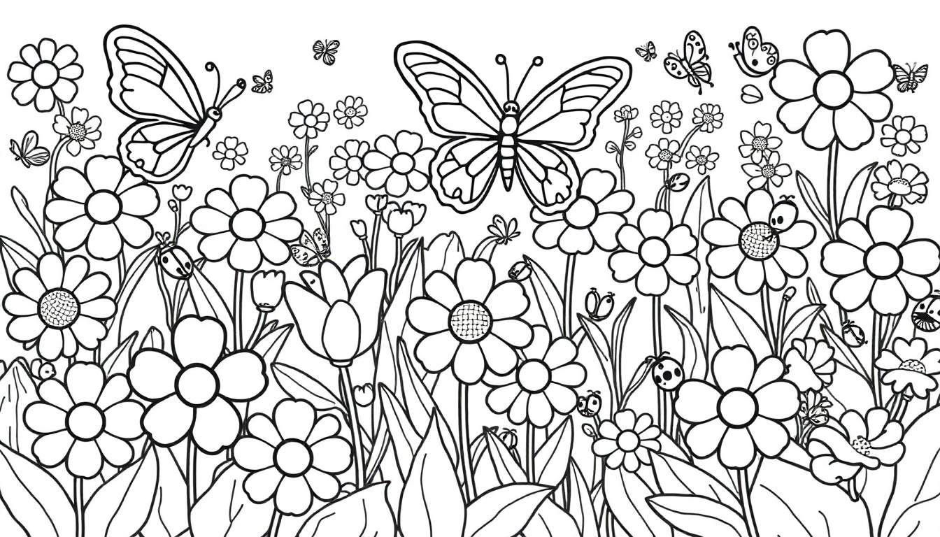 Placa de color de un jardín lleno de flores felices y mariposas amigables, para colorear.