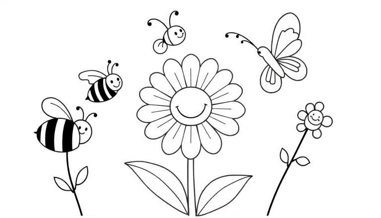 Placa de color de una margarita sonriente con abejas y mariposas revoloteando.