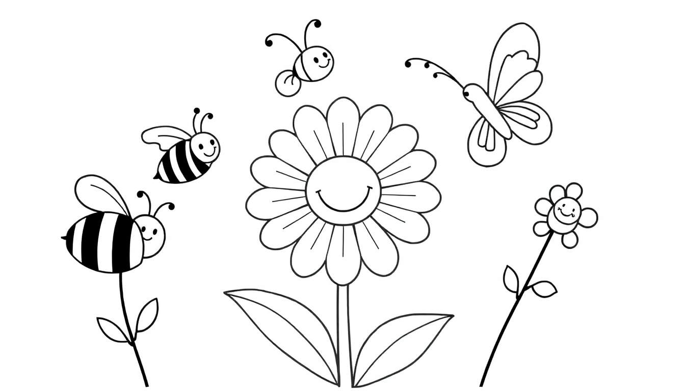 Placa de color de una margarita sonriente con abejas y mariposas revoloteando.