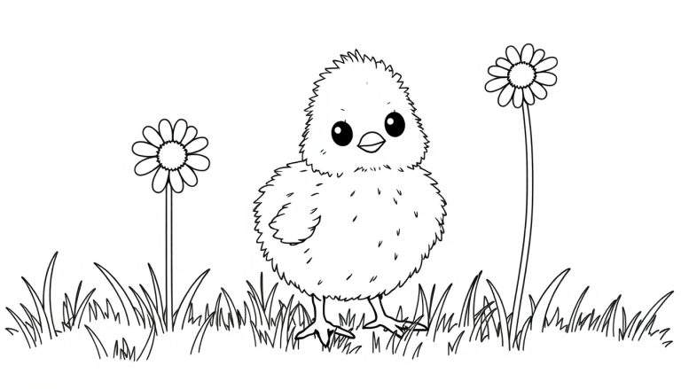 Placa de color de un pollito tierno dibujado en un campo de hierba con margaritas.