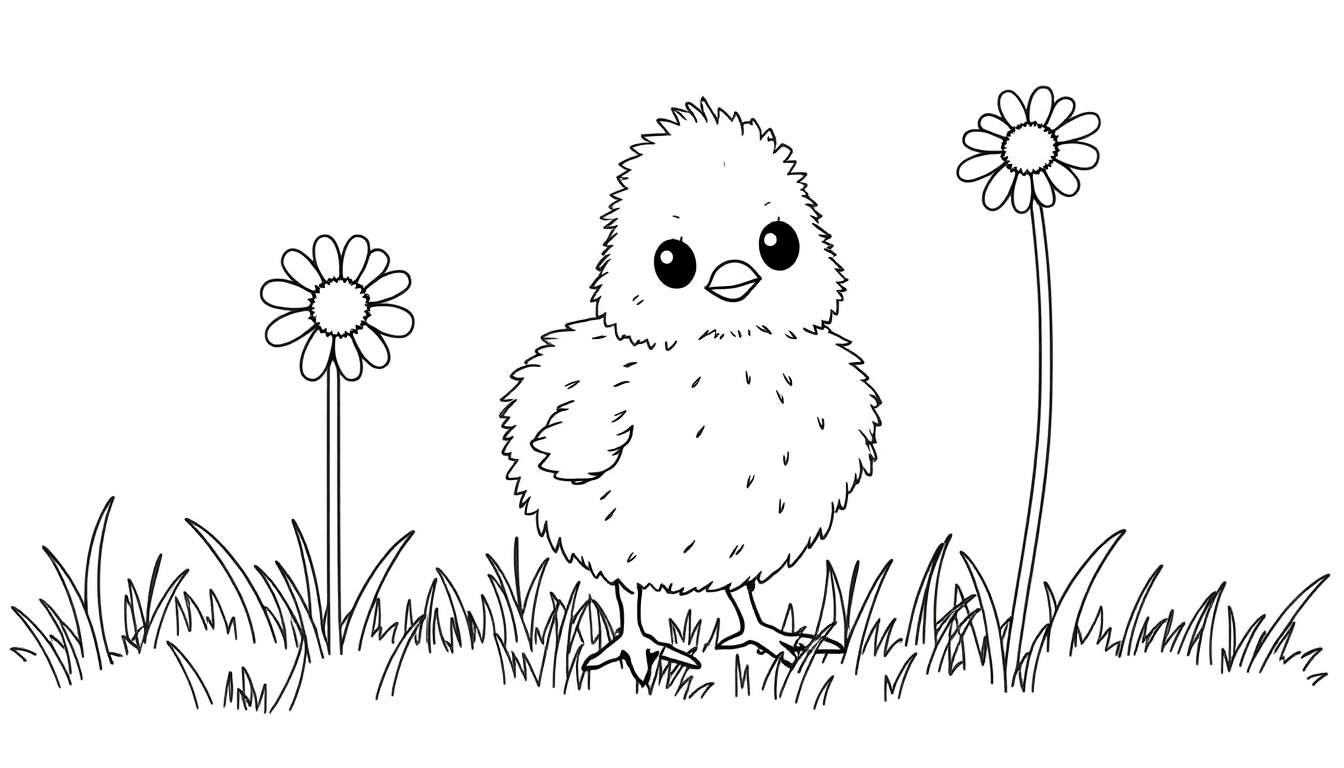 Placa de color de un pollito tierno dibujado en un campo de hierba con margaritas.