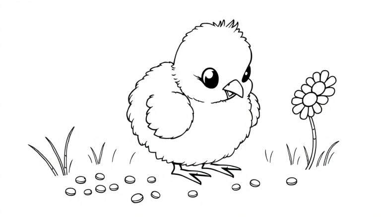 Placa de color de un pollito adorable picoteando semillas junto a una flor.