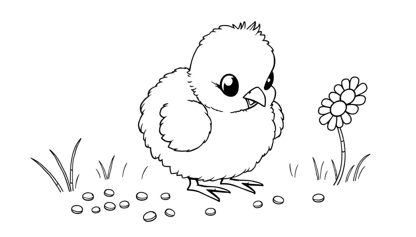 Placa de color de un pollito adorable picoteando semillas junto a una flor.