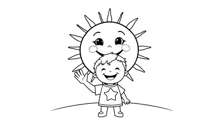 Placa de color de un niño saludando al sol sonriente.