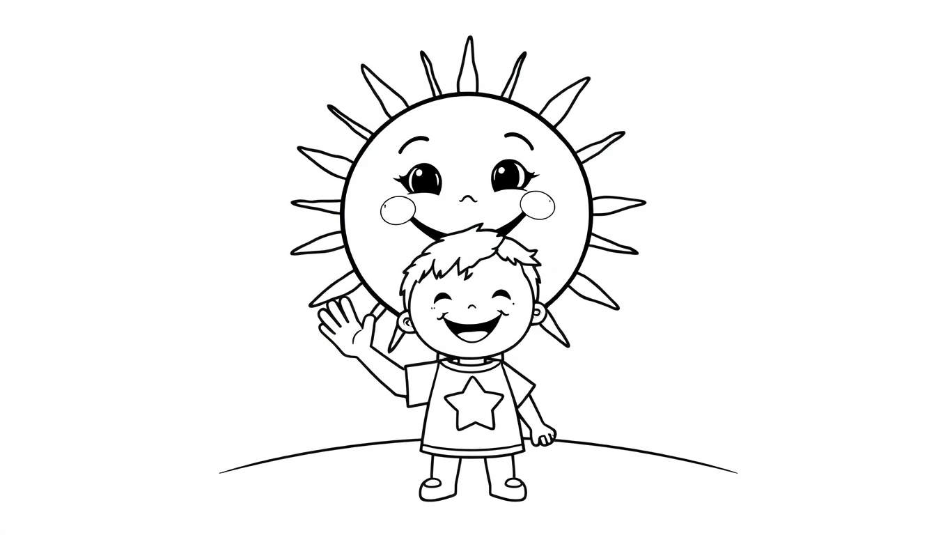 Placa de color de un niño saludando al sol sonriente.
