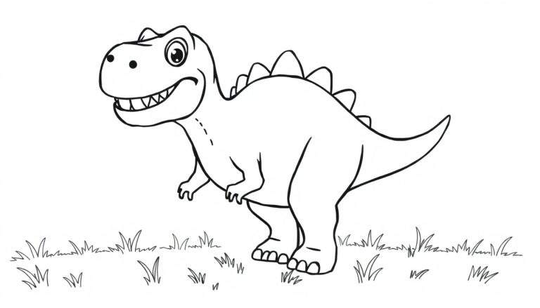 Un Tiranosaurio Rex sonriente para colorear, con pequeños brazos y espinas en la espalda, sobre hierba.