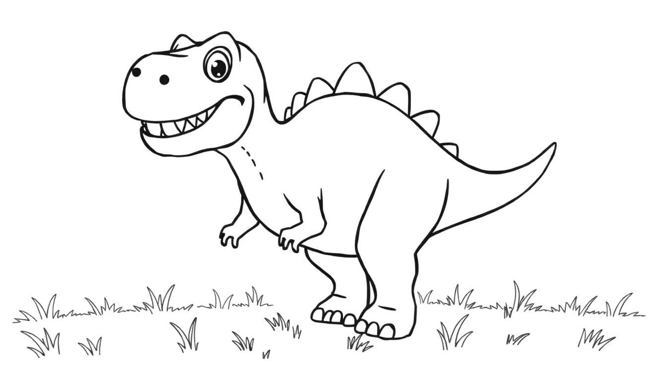 Un Tiranosaurio Rex sonriente para colorear, con pequeños brazos y espinas en la espalda, sobre hierba.