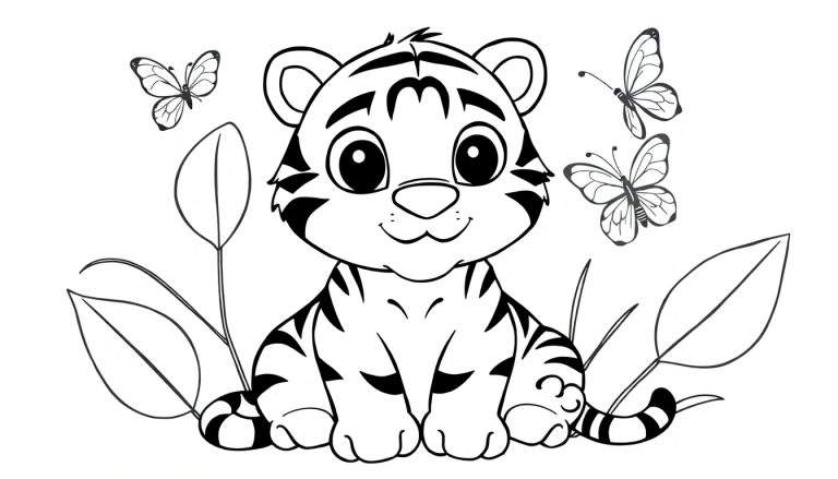 Placa de color: cachorro de tigre amigable sentado entre hojas y mariposas, listo para ser coloreado.