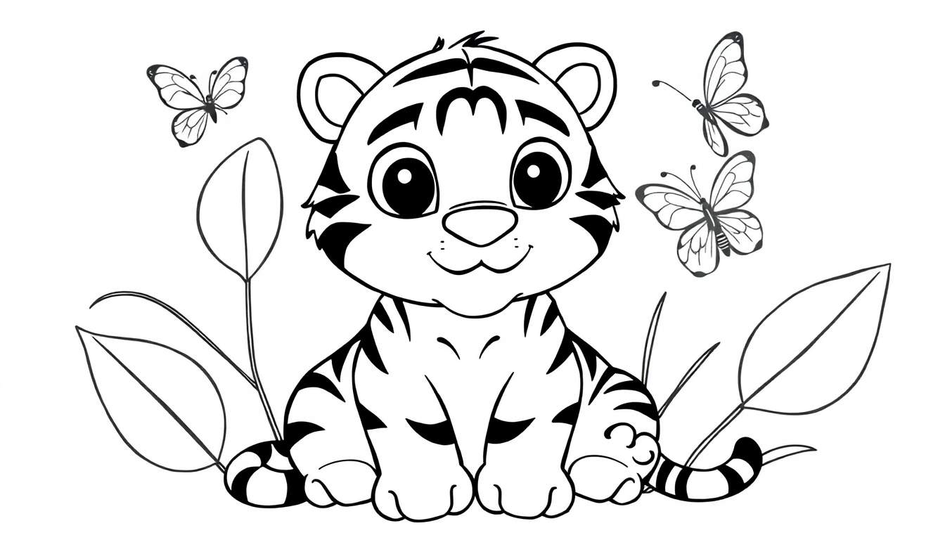 Placa de color: cachorro de tigre amigable sentado entre hojas y mariposas, listo para ser coloreado.