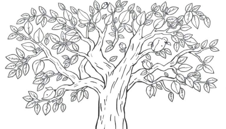 Página para colorear de una placa de árbol amigable con pájaros y hojas.