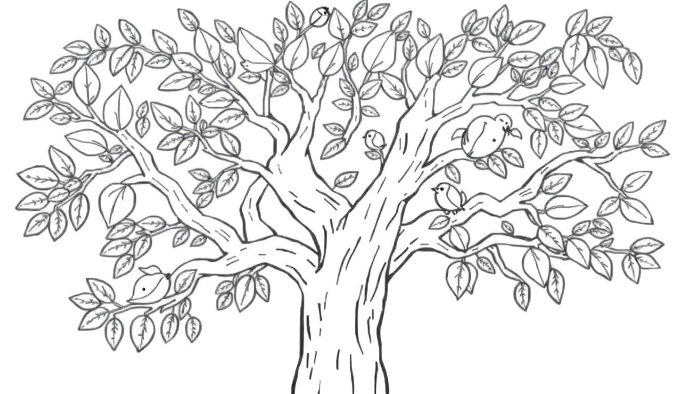 Página para colorear de una placa de árbol amigable con pájaros y hojas.