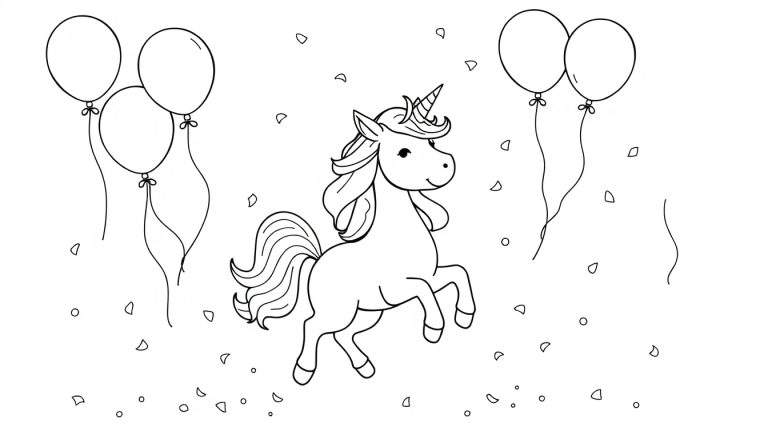 Placa de color de un unicornio festivo con globos y confeti.