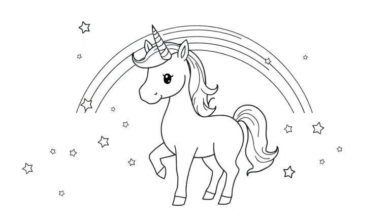 Placa de color: unicornio mágico de dibujos animados rodeado de estrellas y arcoíris.