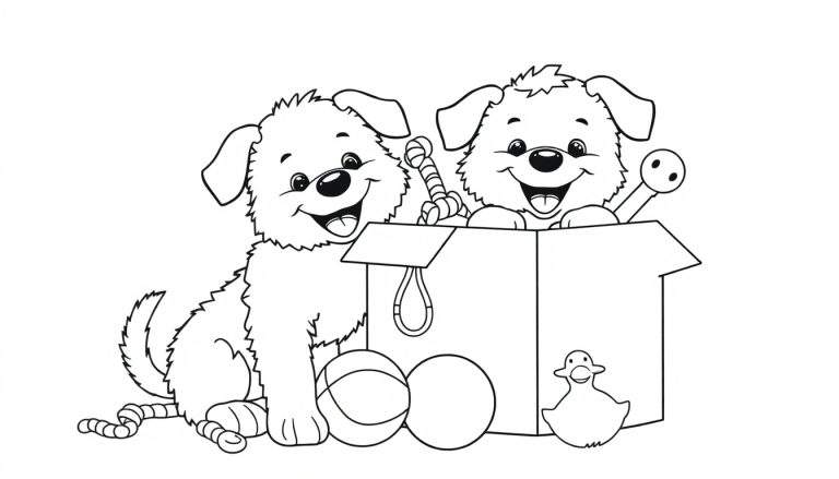 Placa de color de dos perros de caricatura con una caja de juguetes.