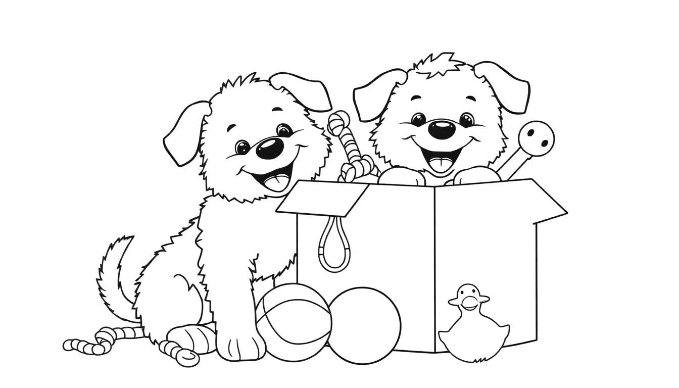Placa de color de dos perros de caricatura con una caja de juguetes.
