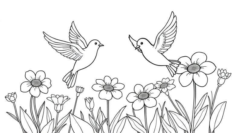 Placa de color: dos pájaros volando sobre flores.