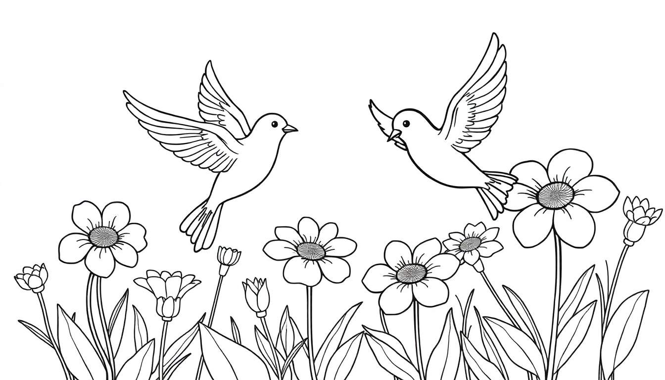Placa de color: dos pájaros volando sobre flores.