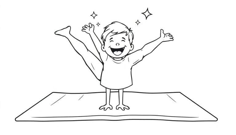 Placa de color: niño sonriente levantando una pierna en pose de yoga.