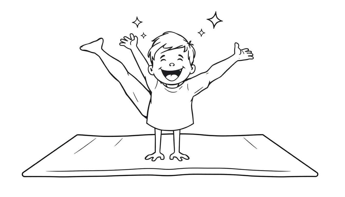 Placa de color: niño sonriente levantando una pierna en pose de yoga.