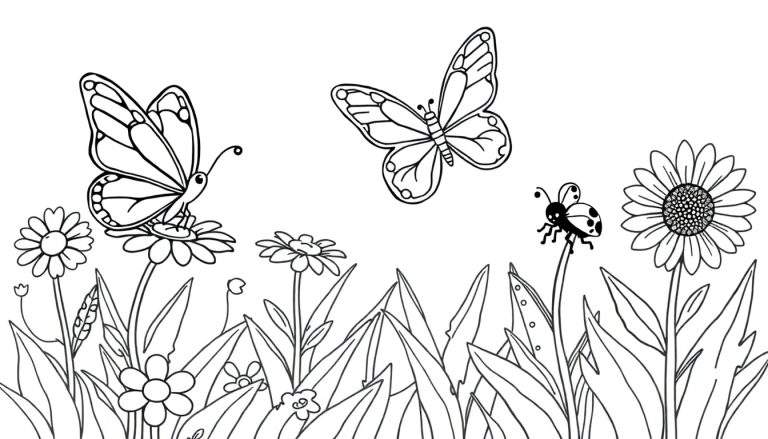 Una placa para colorear de un prado con flores y mariposas.