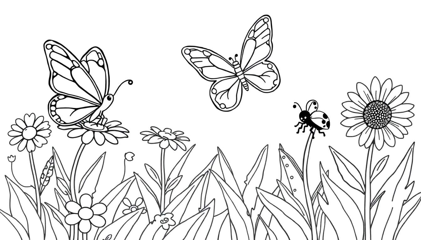 Una placa para colorear de un prado con flores y mariposas.
