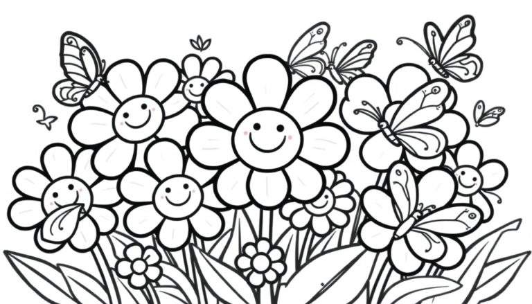 Página para colorear de flores sonrientes con mariposas, lista para añadir tu toque de color.