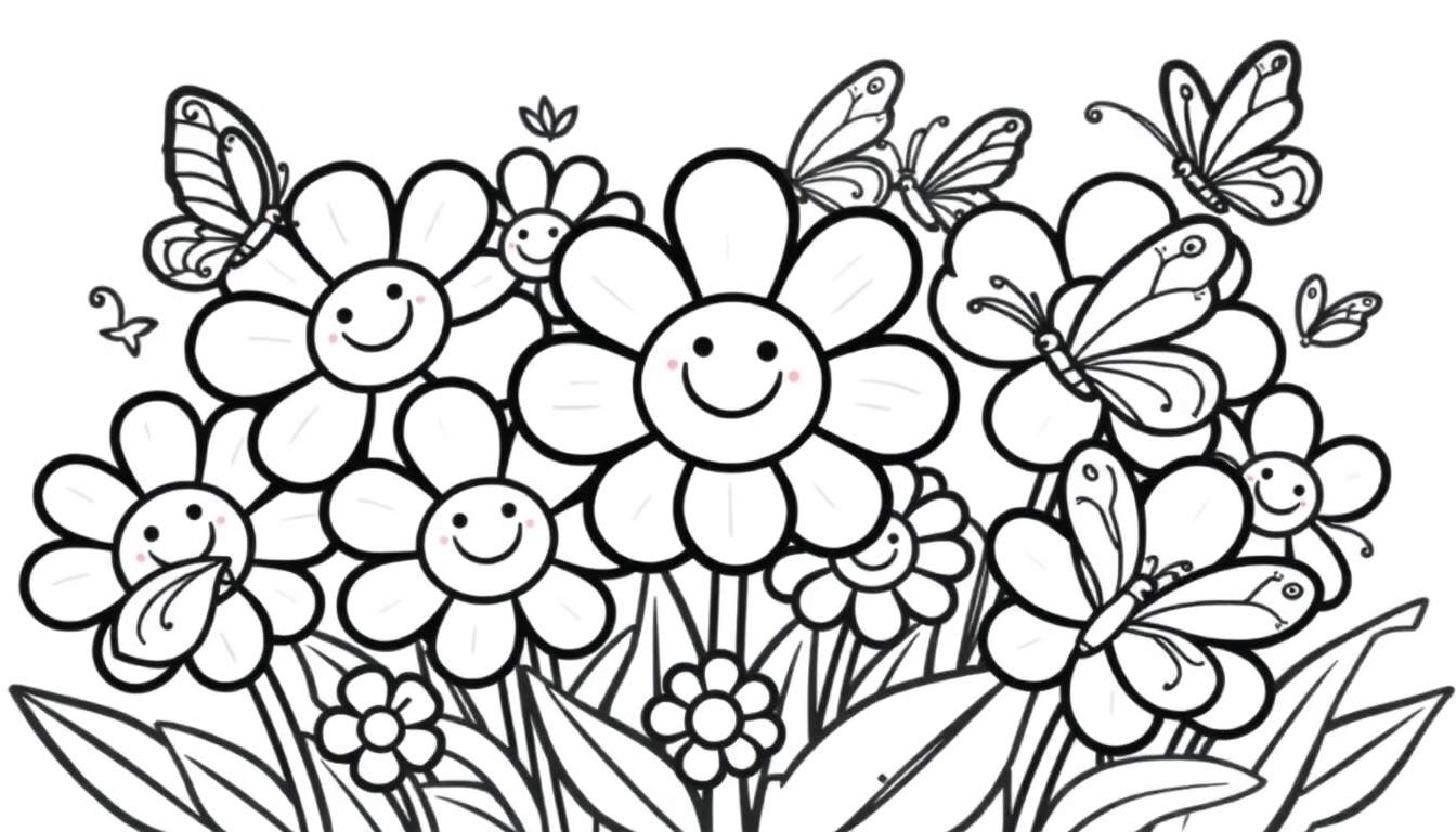 Página para colorear de flores sonrientes con mariposas, lista para añadir tu toque de color.