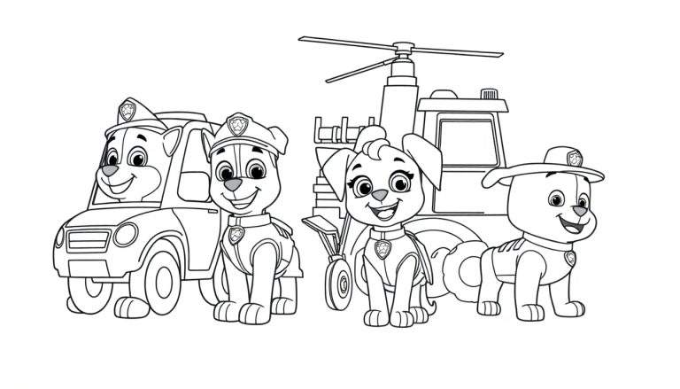 Placa de Paw Patrol para colorear con Marshall, Chase, Skye y Rubble junto a sus vehículos.