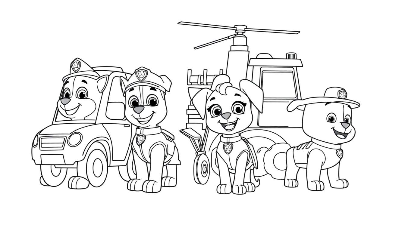 Placa de Paw Patrol para colorear con Marshall, Chase, Skye y Rubble junto a sus vehículos.