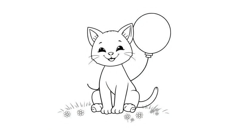 Dibujo lineal en blanco y negro de un gato feliz sentado en la hierba con un globo de colores atado a una cuerda, listo para ser coloreado.