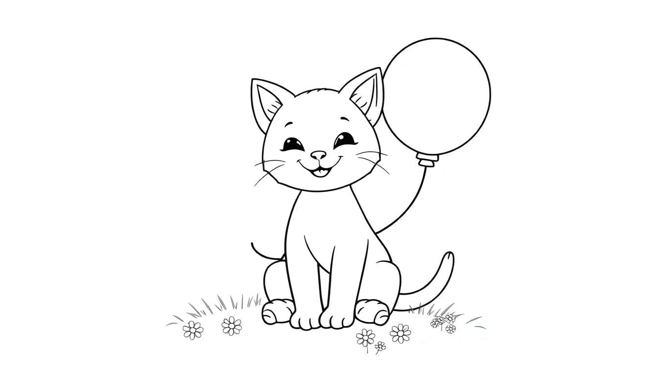 Dibujo lineal en blanco y negro de un gato feliz sentado en la hierba con un globo de colores atado a una cuerda, listo para ser coloreado.