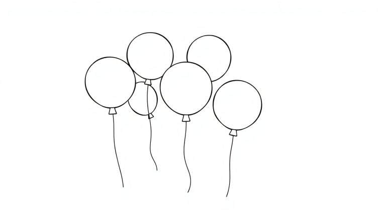 Seis globos redondos en blanco y negro flotando, cada uno con una cuerda colgando, listos para ser coloreados en una placa.