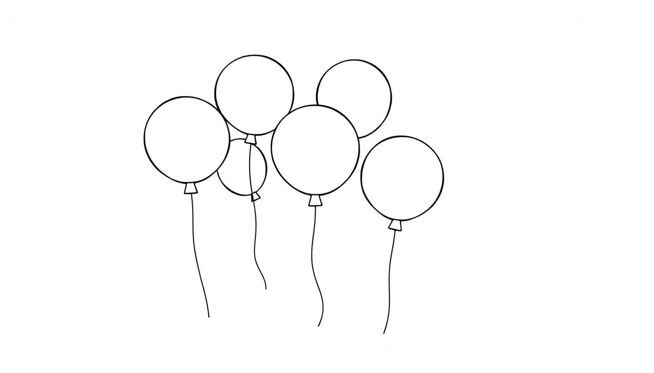 Seis globos redondos en blanco y negro flotando, cada uno con una cuerda colgando, listos para ser coloreados en una placa.