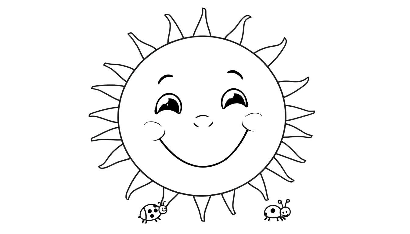 Placa de sol sonriente para colorear con mariquitas.