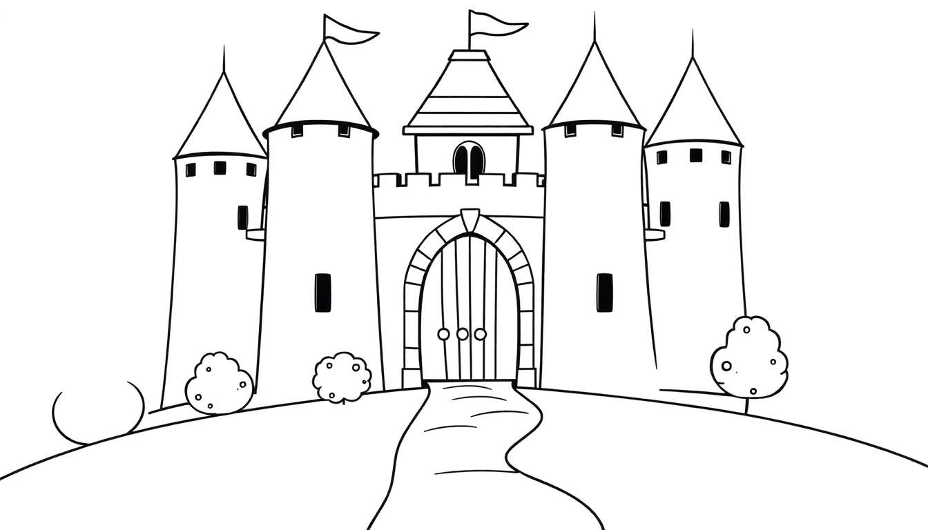 Un castillo en una colina con cinco torres y un camino, una placa de color para colorear.