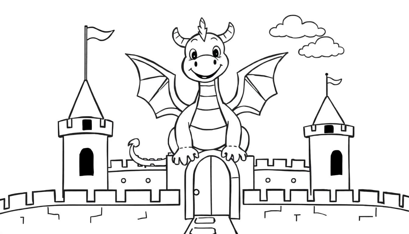 Placa de color: dragón sonriente con alas pequeñas, cuernos y cola en espiral sentado en un castillo de dibujos animados con torres, almenas y banderas ondeando.