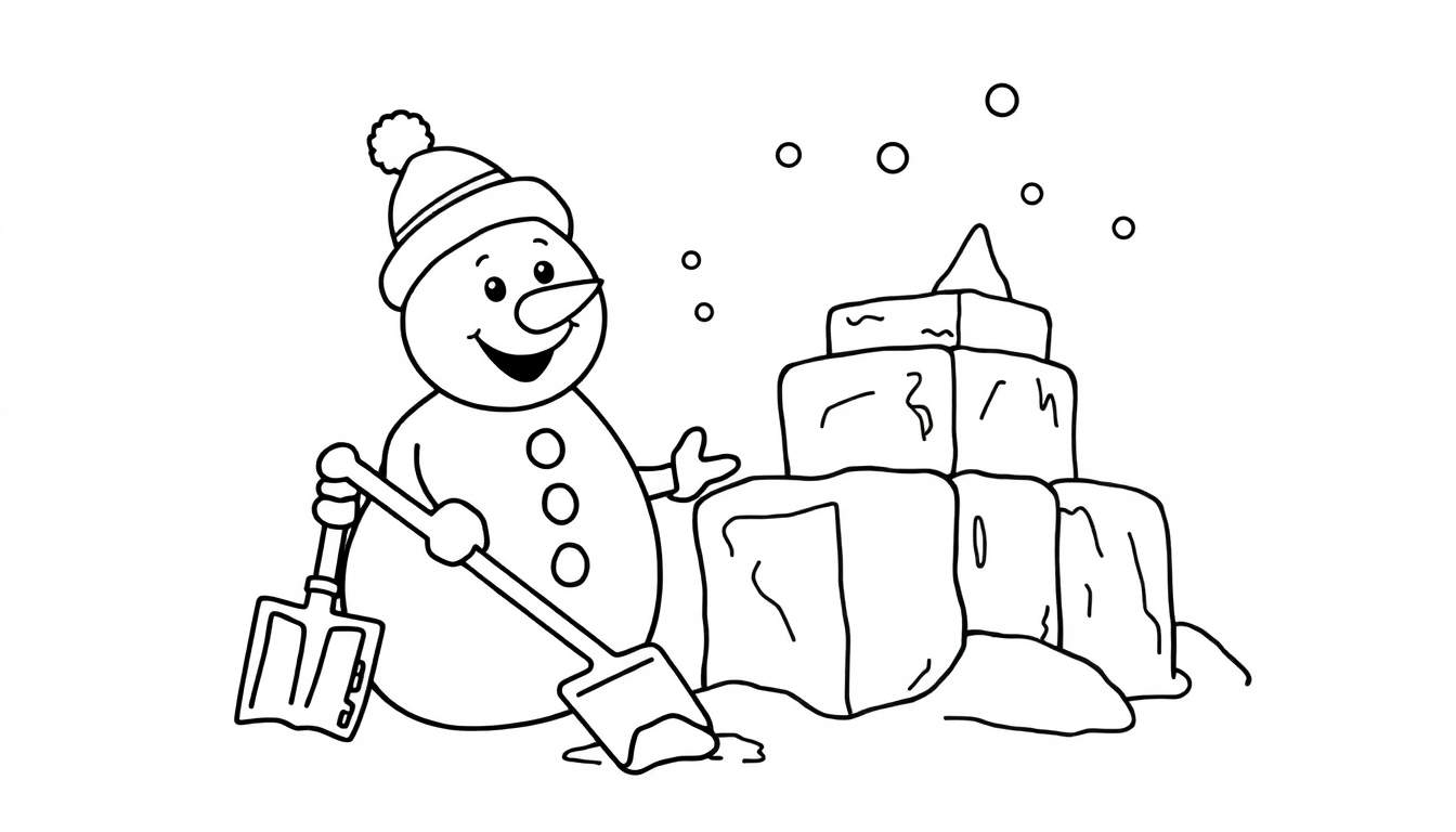 Placa de color: un muñeco de nieve construyendo un castillo de hielo.