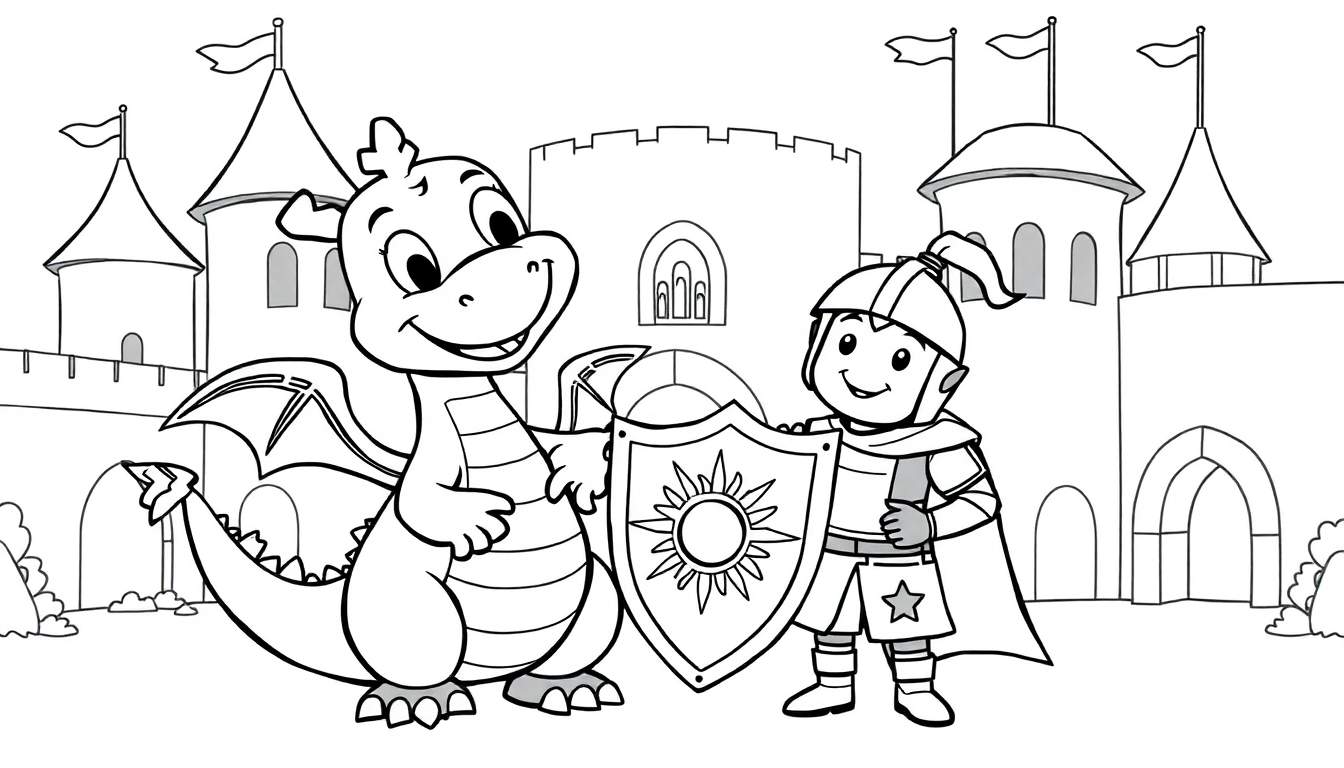 Placa de color: un caballero sonriente con un escudo solar y un dragón sonriente con alas extendidas delante de un castillo.