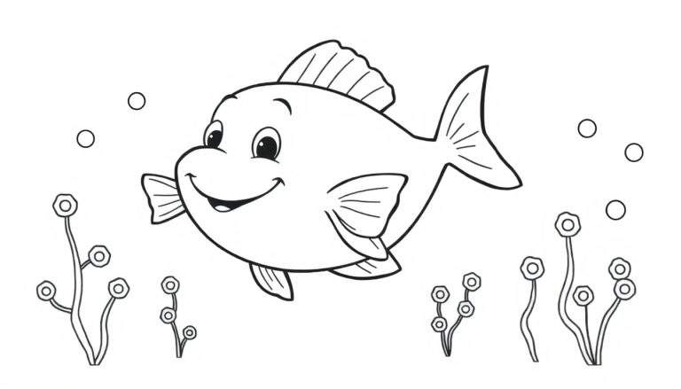 Un pez de dibujos animados sonriente listo para ser coloreado en esta placa de color.