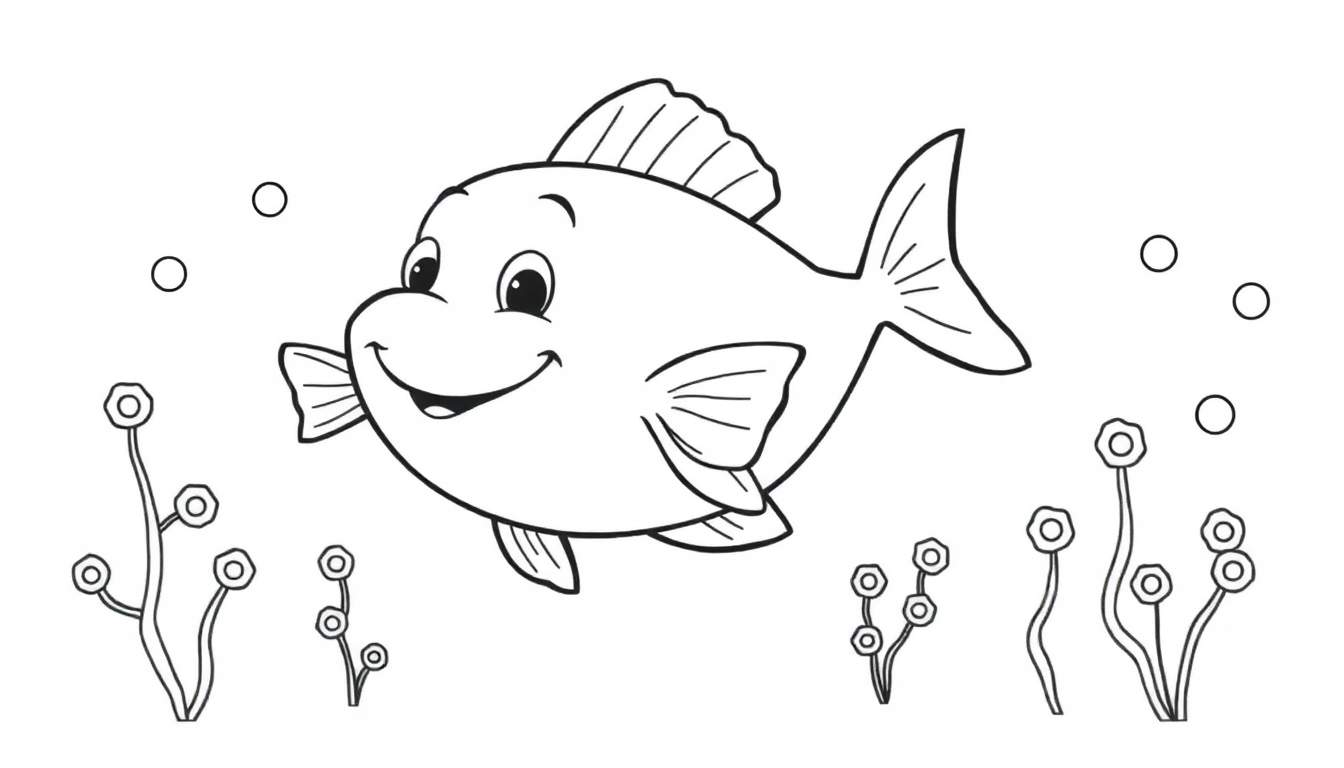 Un pez de dibujos animados sonriente listo para ser coloreado en esta placa de color.