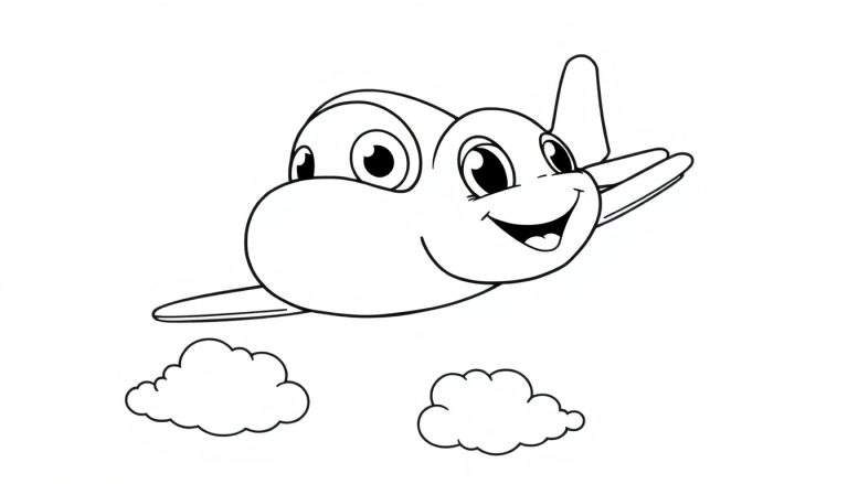Placa de color de un avión sonriente volando sobre nubes.