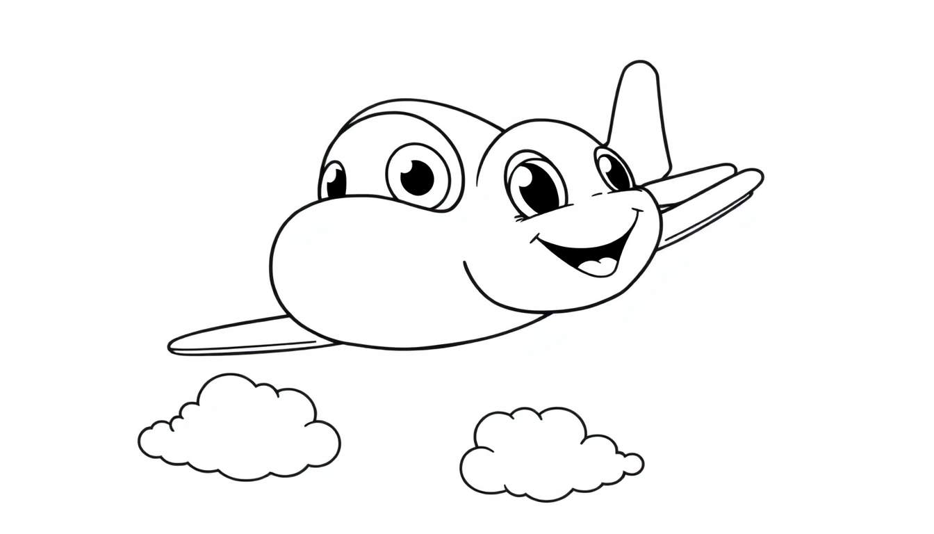 Placa de color de un avión sonriente volando sobre nubes.