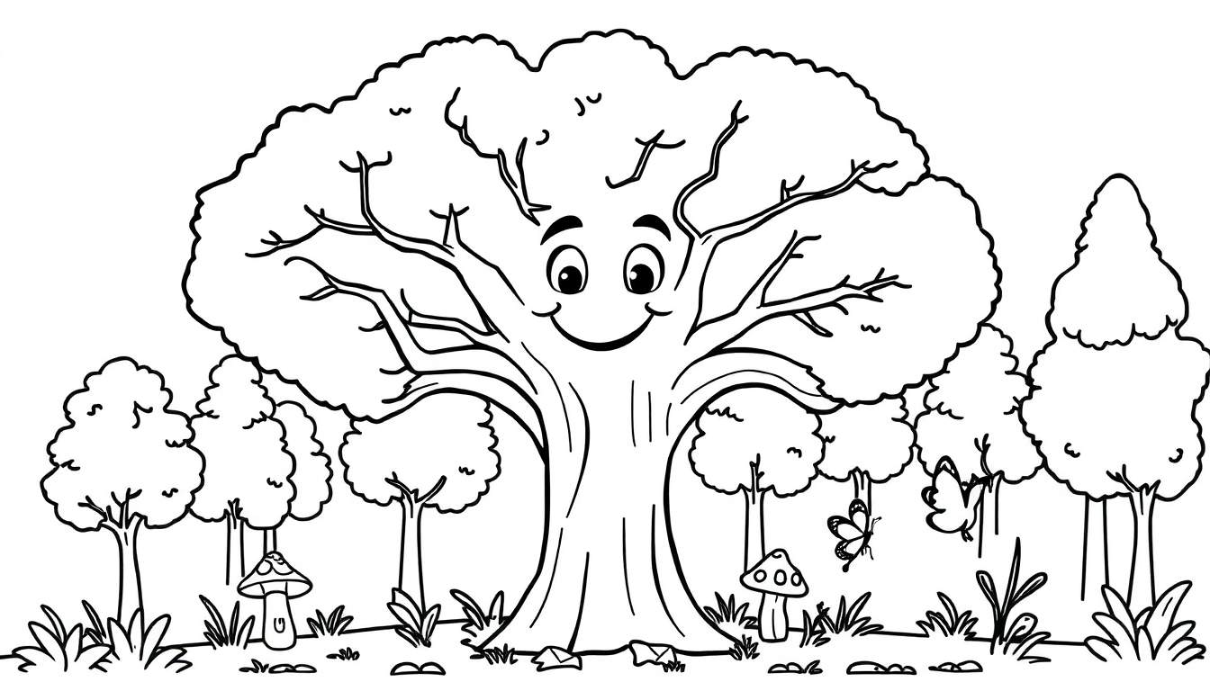 Placa de color de un árbol sonriente en un bosque de dibujos animados.