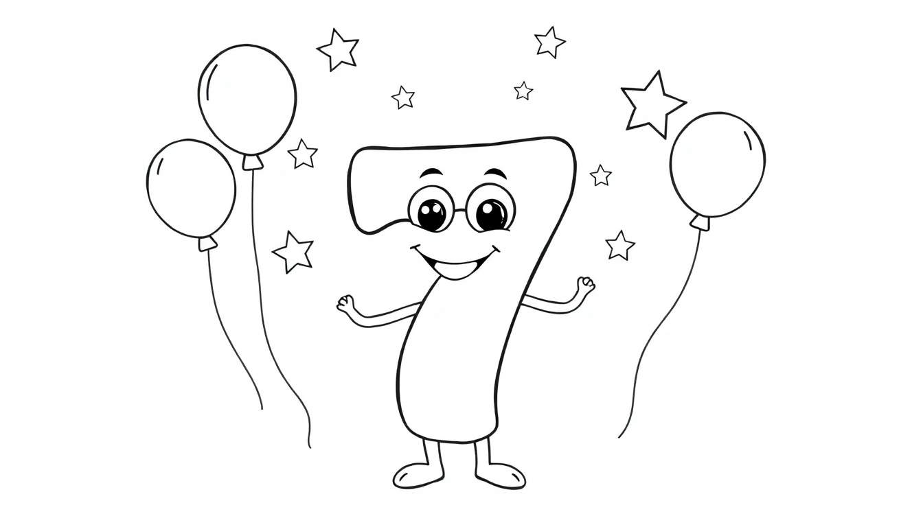 Placa de color: el número 7 sonriente, rodeado de globos y estrellas.