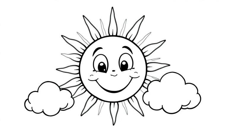 Placa de color: un sol sonriente con rayos entre dos nubes esponjosas.