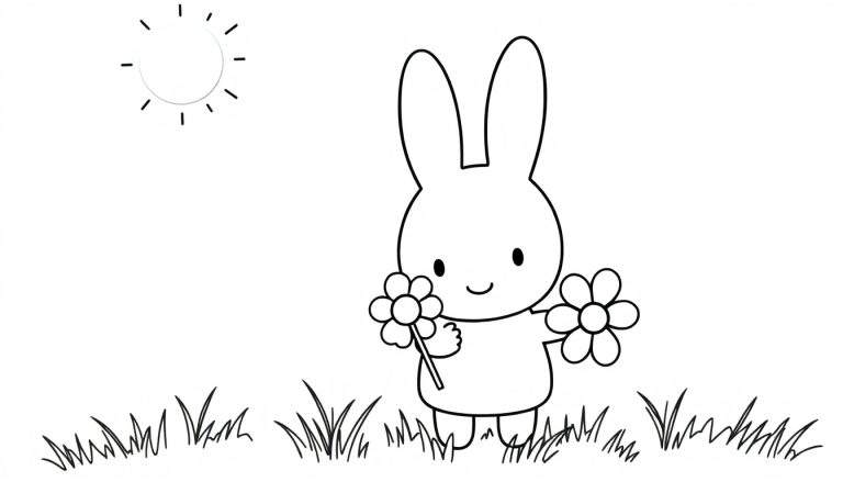 Placa de color de Miffy la coneja con flores.