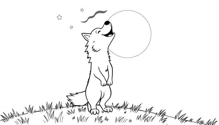 Un lobo de dibujos animados amigable aúlla a la luna en una placa para colorear.