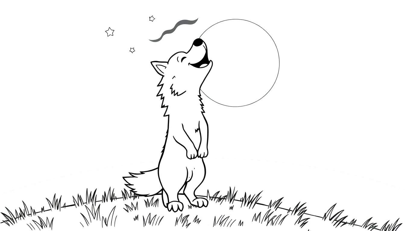 Un lobo de dibujos animados amigable aúlla a la luna en una placa para colorear.